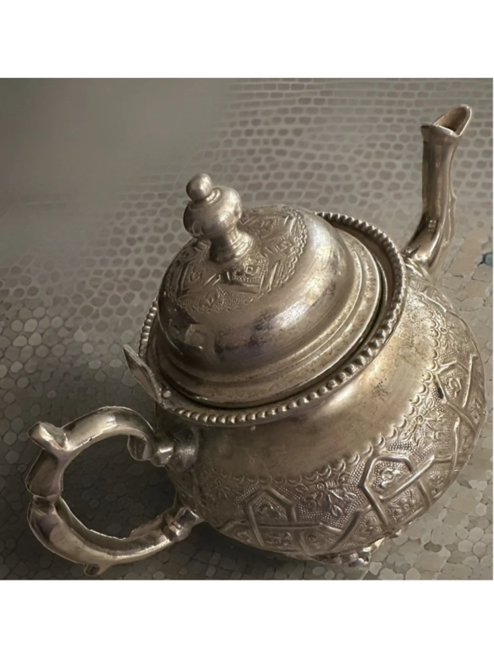Vintage Ornate Design Metal Moroccan Silver Teapot Footed Kettle Mark Untested